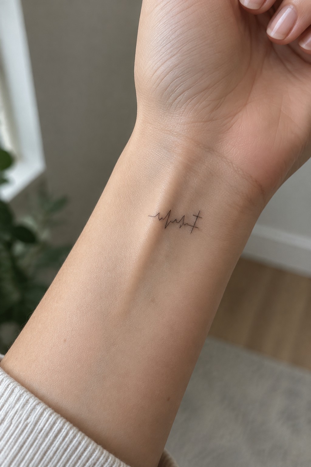 Small black fine-line heartbeat tattoo ending in a cross on the inner wrist.