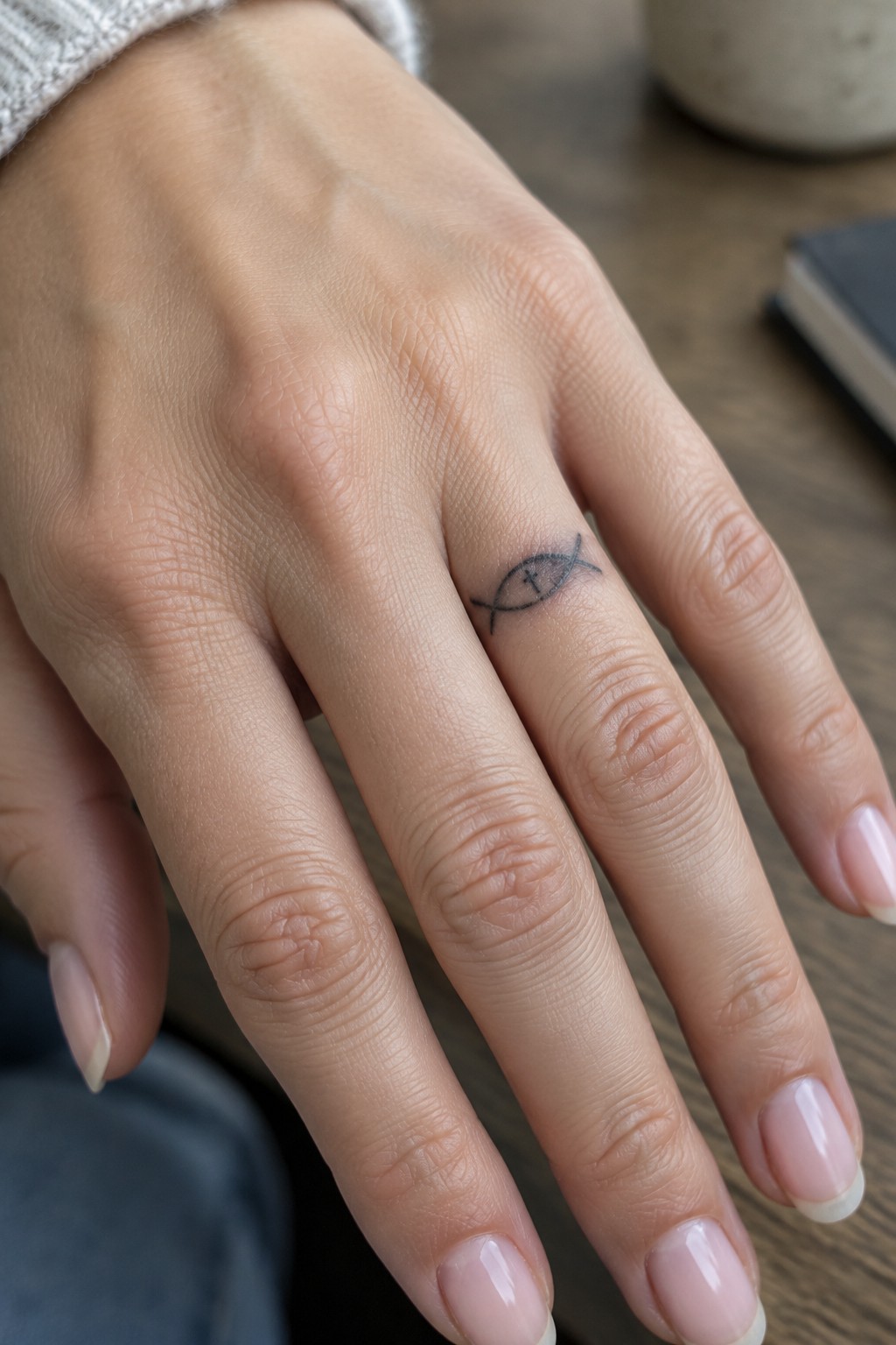 Small black ichthys tattoo on the side of a finger, shown on a hand with pale pink nails.