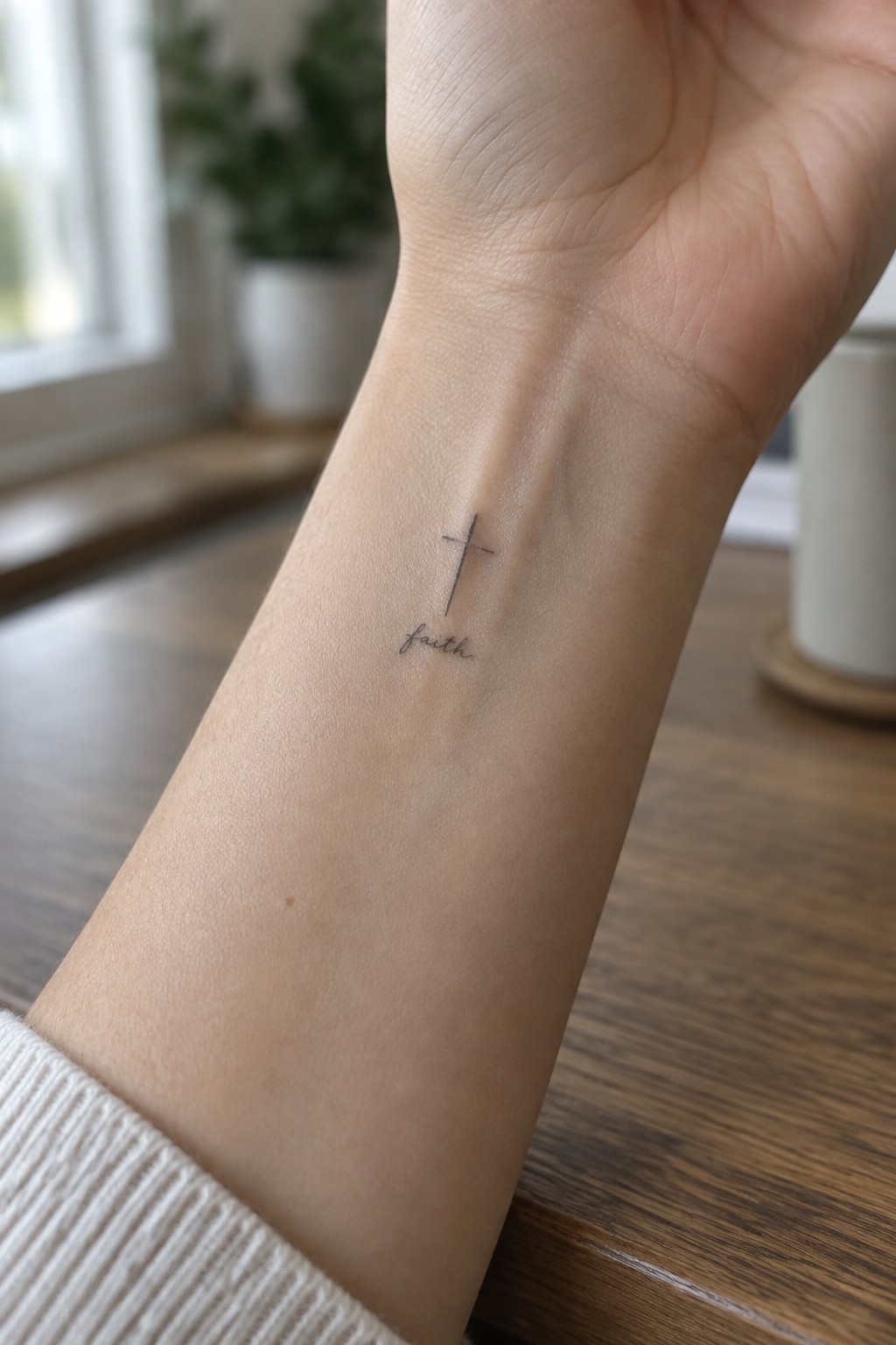 Small fine-line cross and the word “faith” tattooed on the inner wrist.