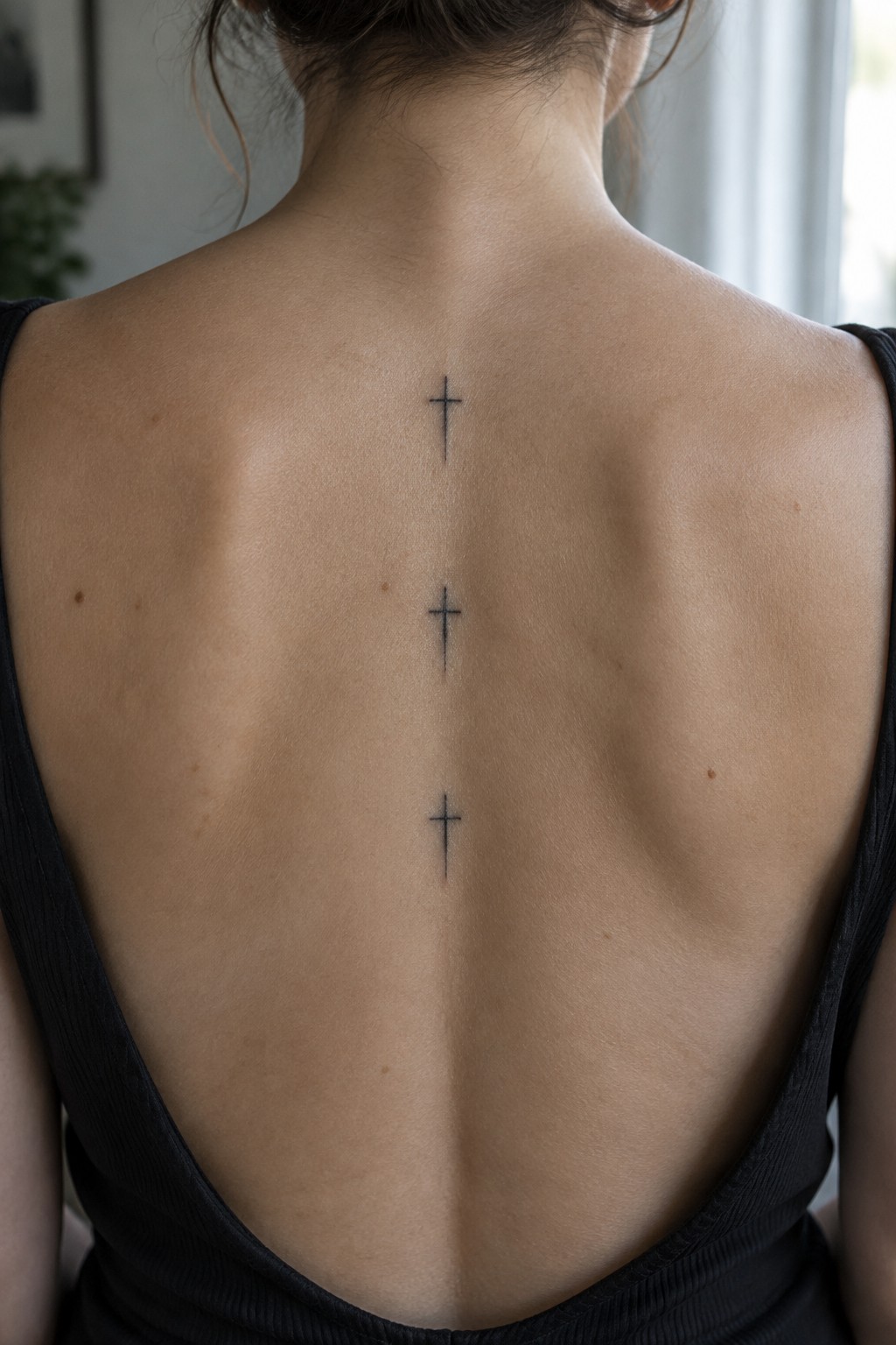Three small black fine-line cross tattoos arranged vertically along the center of a woman’s upper back.