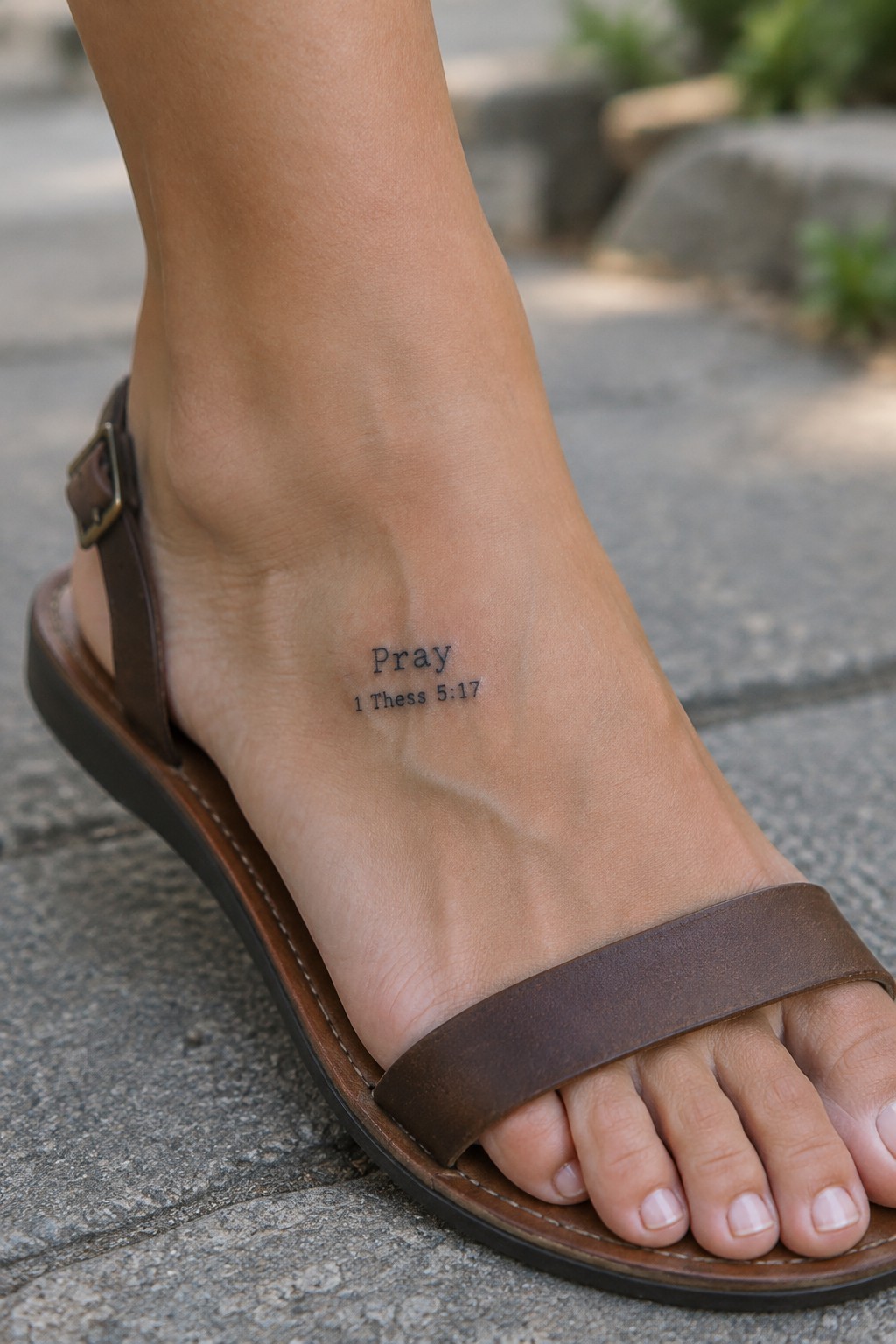 Brown leather sandal on foot with ankle tattoo reading