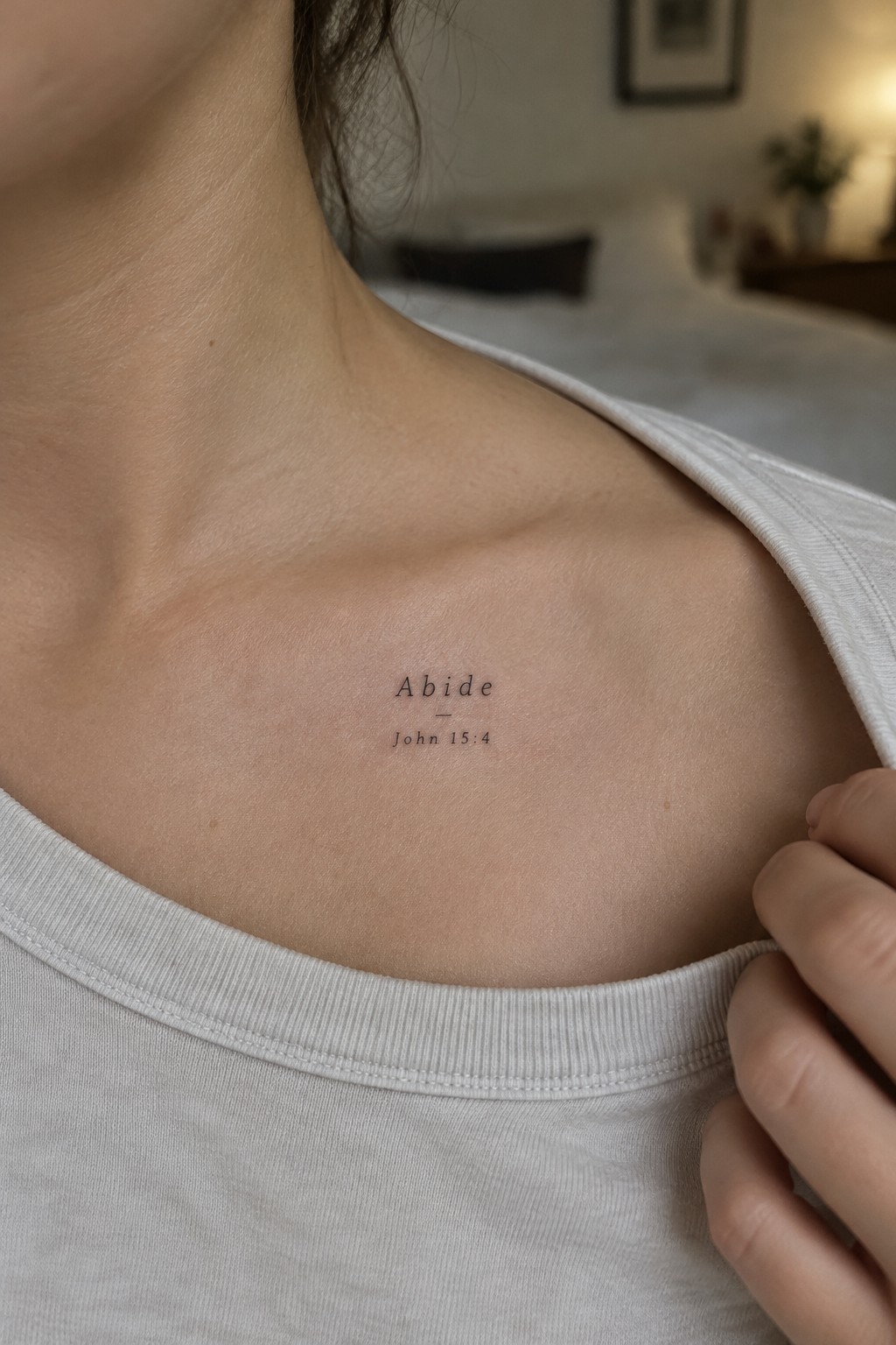 Close up of a small black text tattoo on the upper chest that reads Abide above John 15:4