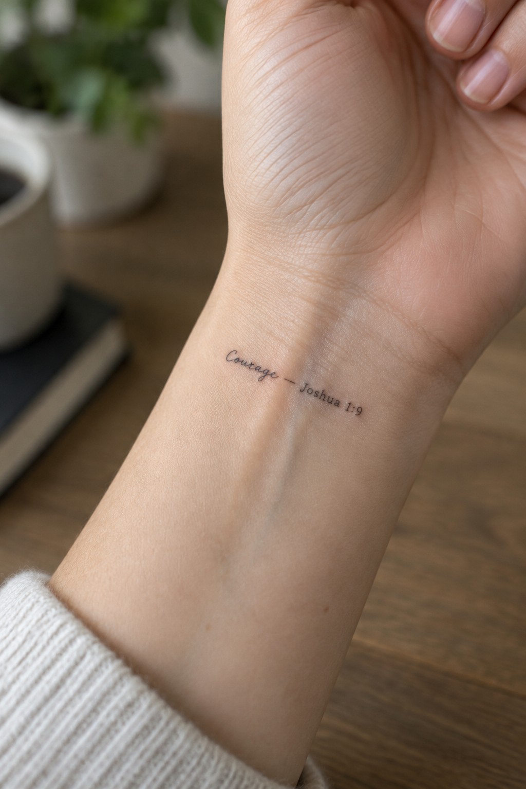 Small black script tattoo on the inner wrist that reads Courage Joshua 1:9