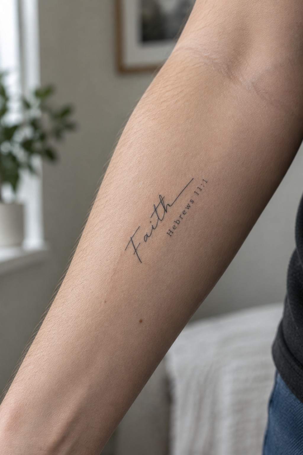 Minimalist forearm tattoo with the word faith in cursive script and the reference Hebrews 11:1 placed beside it