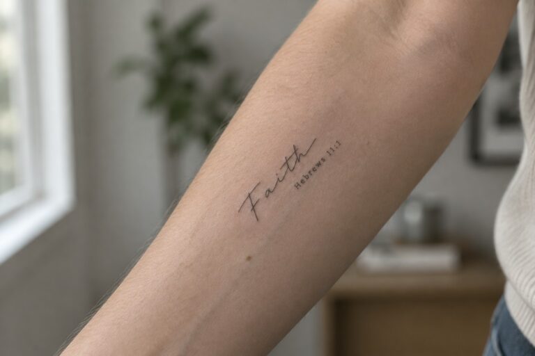 21 Minimalist Biblical Tattoos Centered on Single Words and Verse References Minimalist forearm tattoo with the word faith in cursive script and the reference Hebrews 11:1 placed beside it
