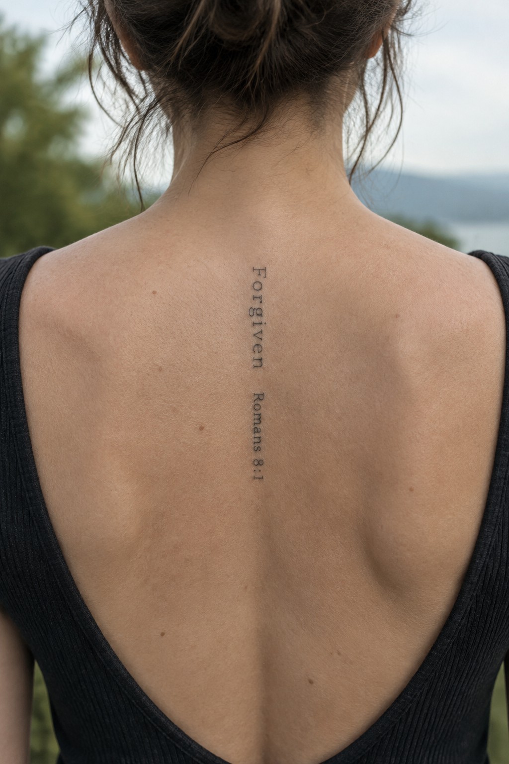 Woman's back with bun, black open-back top, vertical