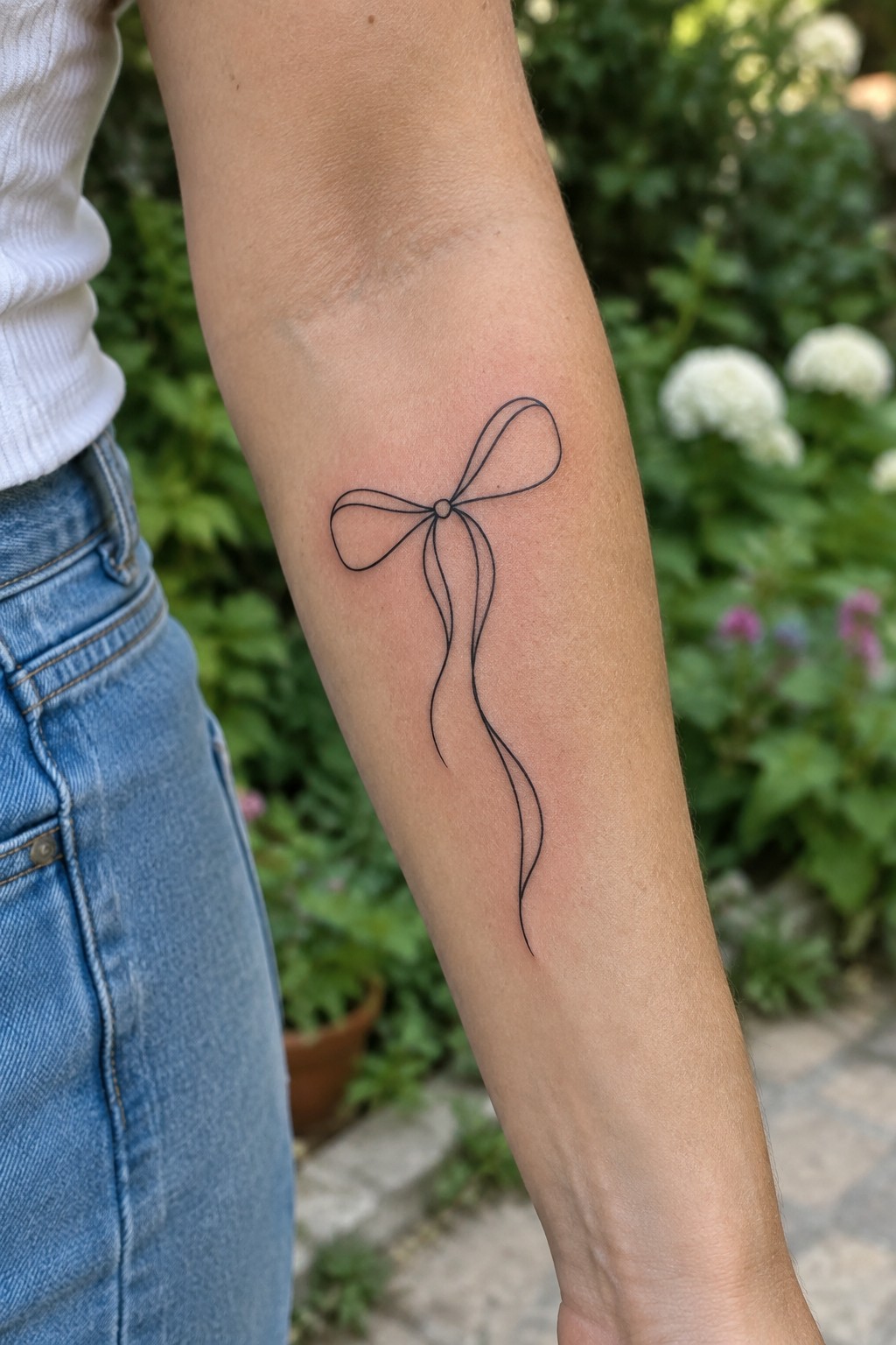Black bow tattoo on forearm of person in white top and blue jeans outdoors