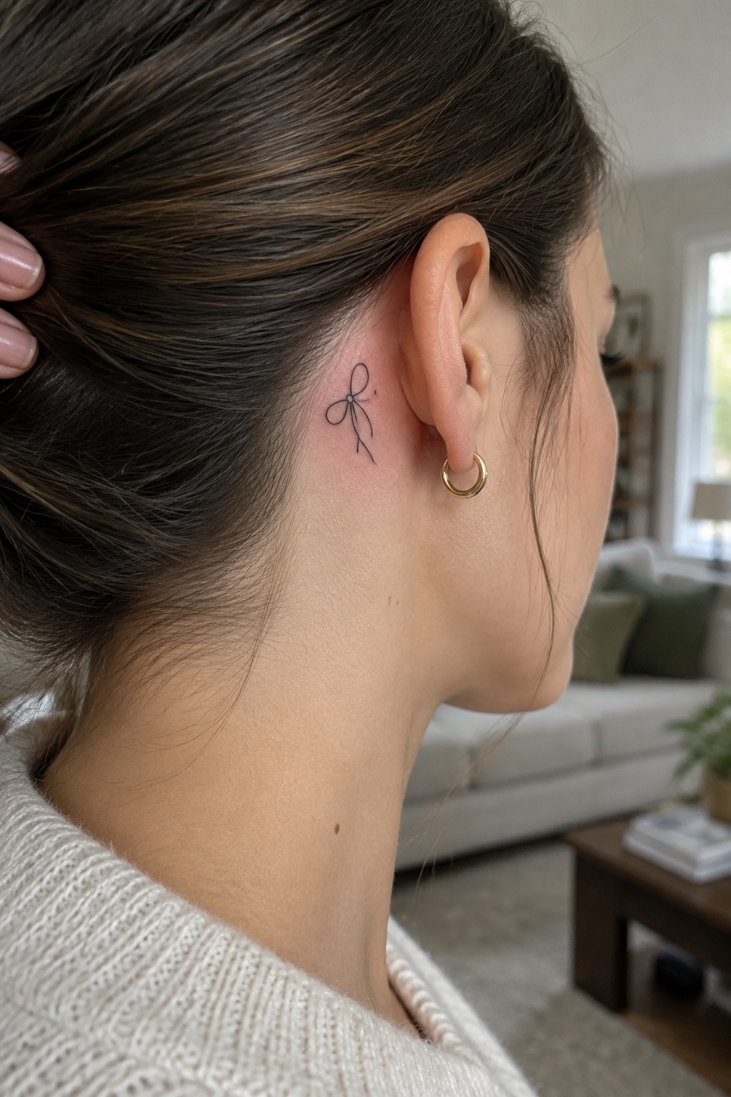 Woman with brown hair in bun, small bow tattoo behind ear, gold hoop earring, white sweater