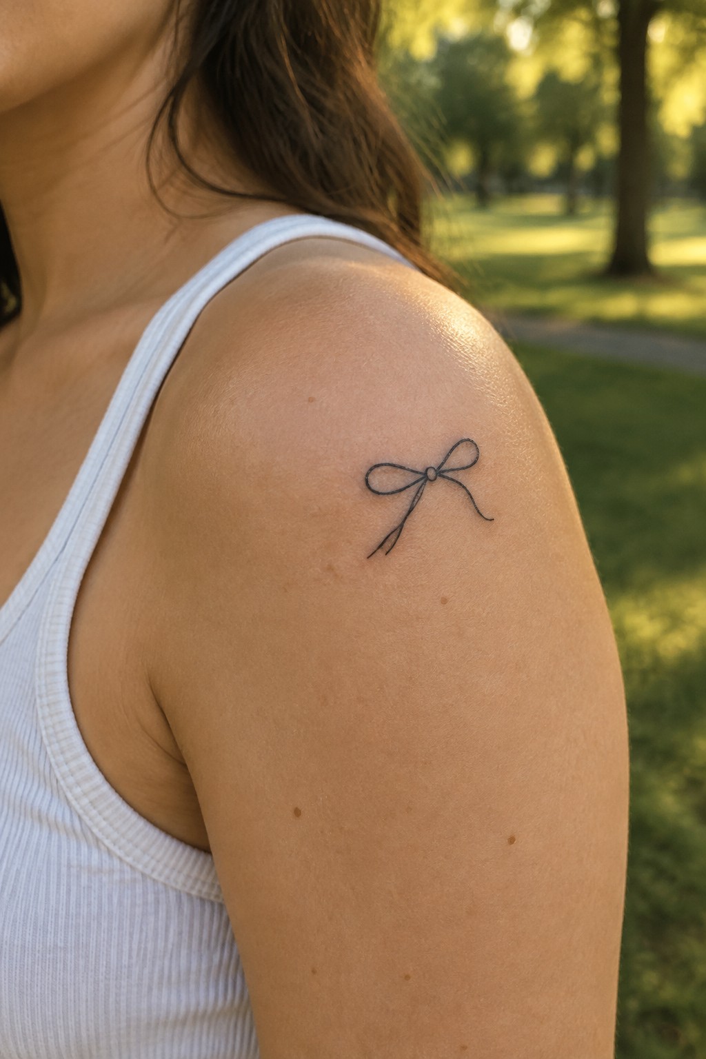 Small black bow tattoo on sunlit shoulder above white tank top in park