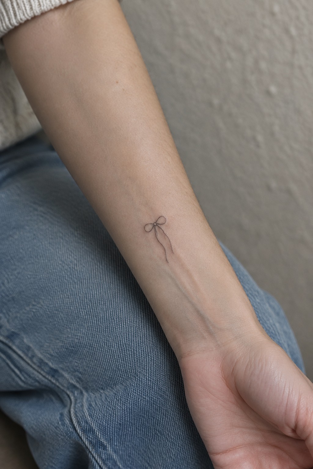 Minimalist single line bow tattoo on the inner forearm