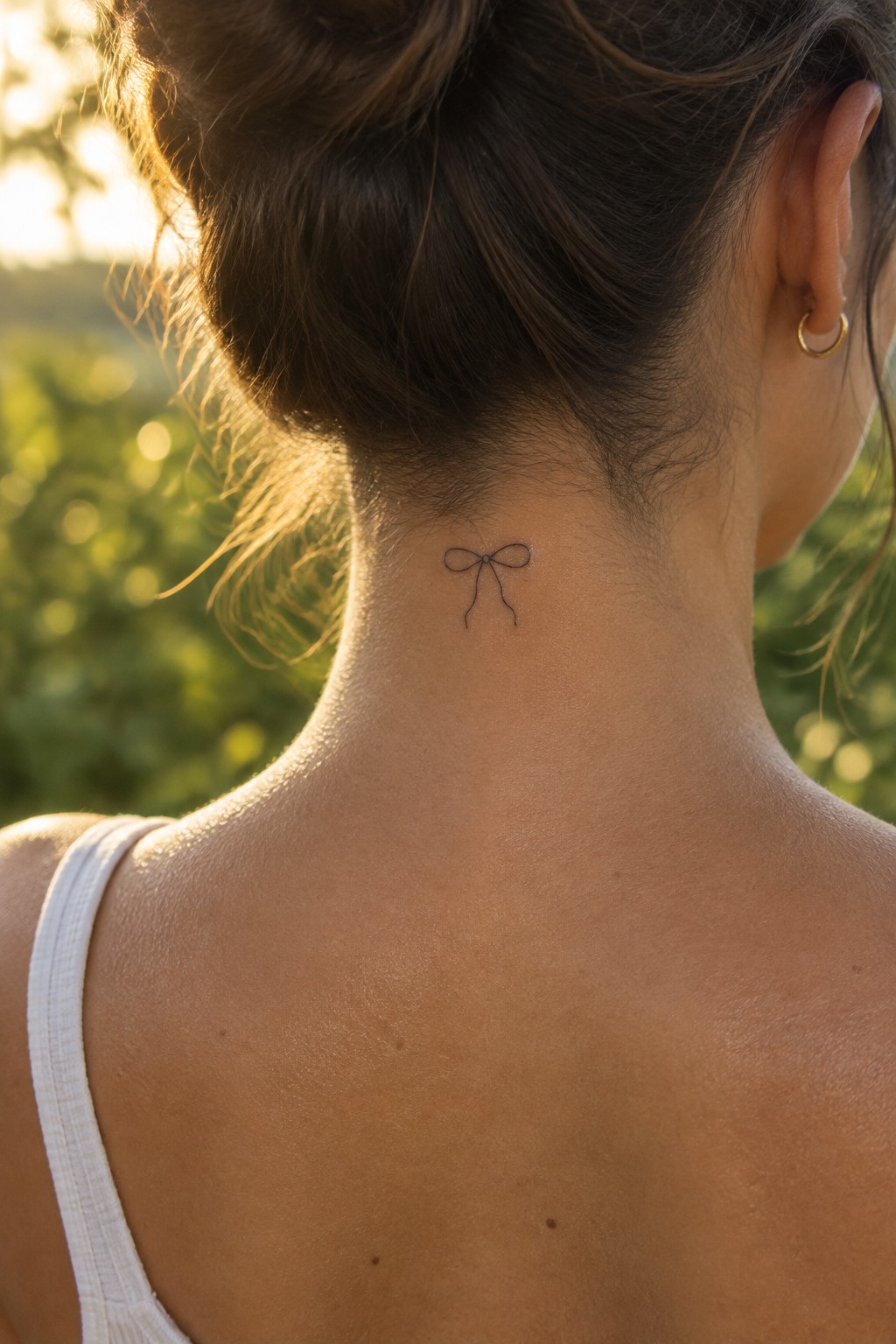 Close up of a small single line bow tattoo on the nape of the neck below a hair bun