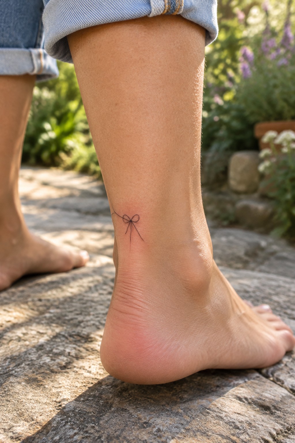 Small bow tattoo on ankle above bare foot with rolled-up blue jeans on stone path