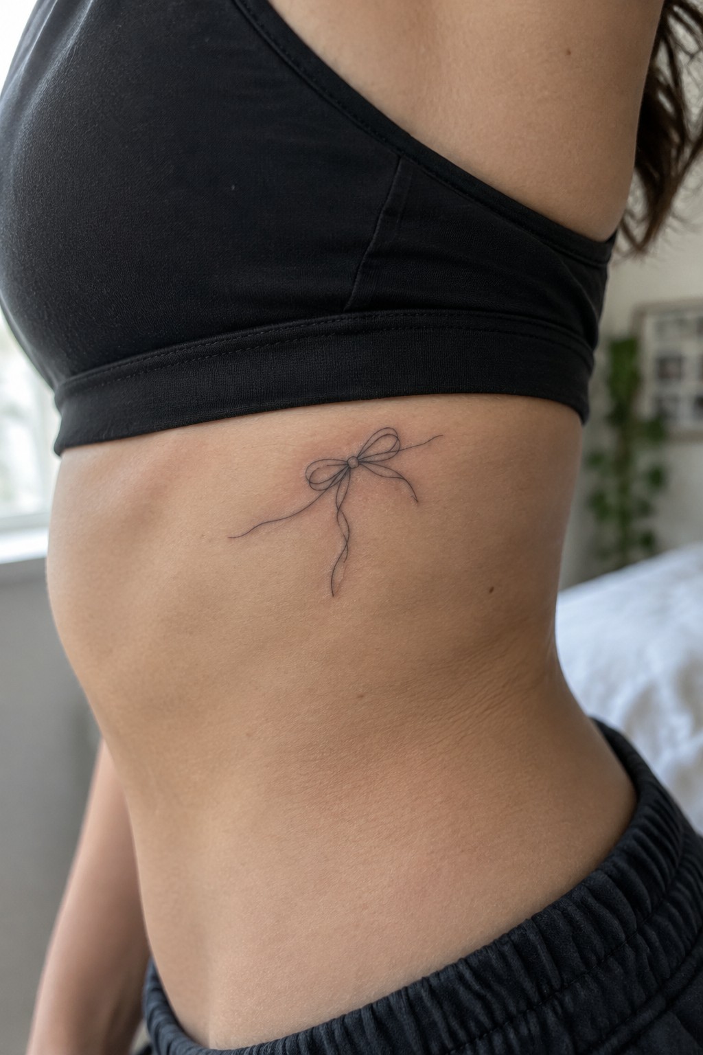 Minimalist single-line bow tattoo on the side torso with long flowing ribbons
