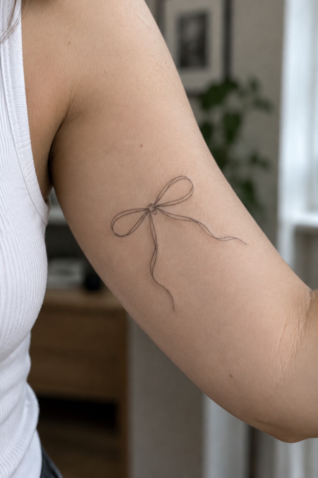 Minimalist single line bow tattoo on the upper arm