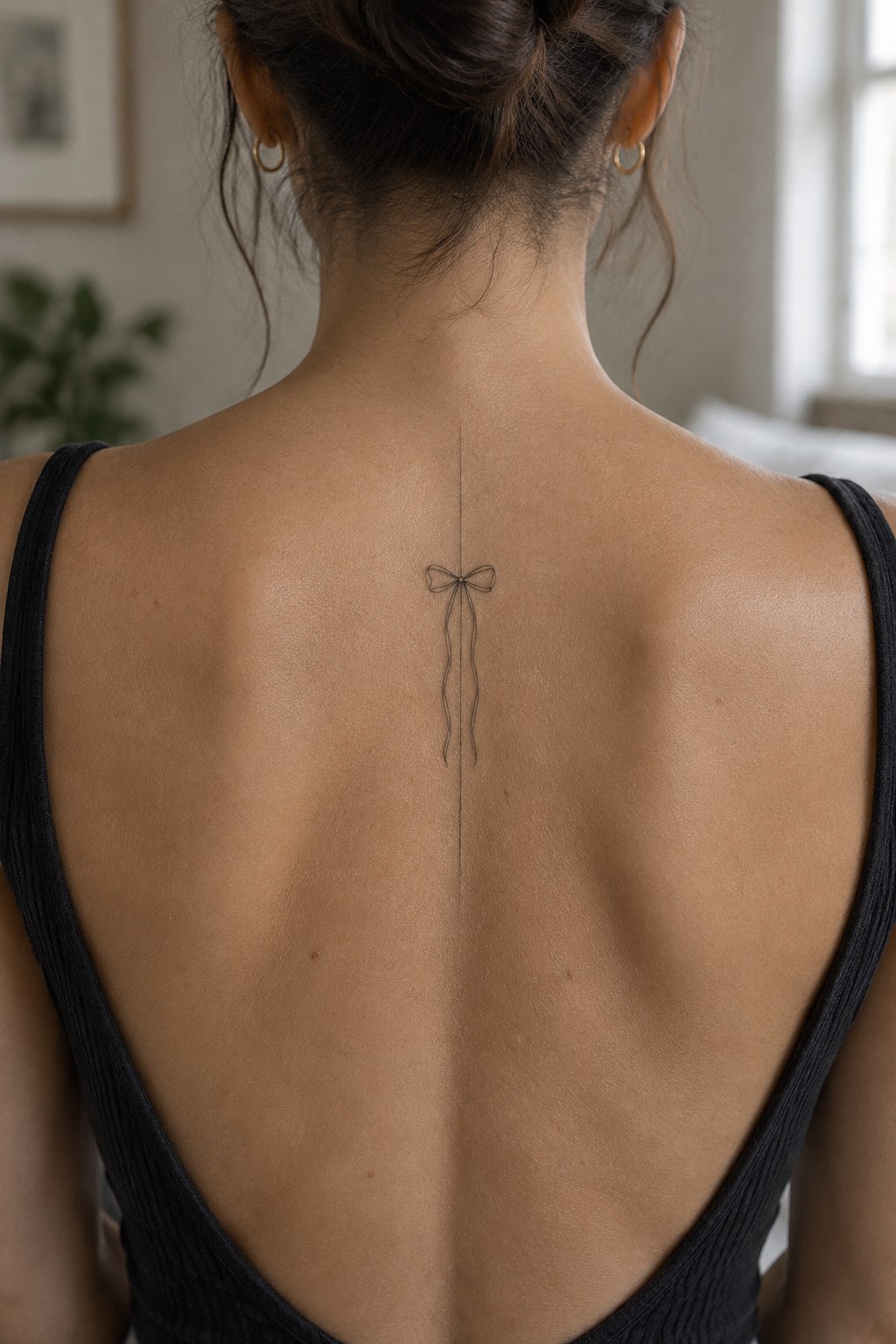 Woman's back with a delicate bow-and-ribbon spine tattoo, wearing a black low-back top.