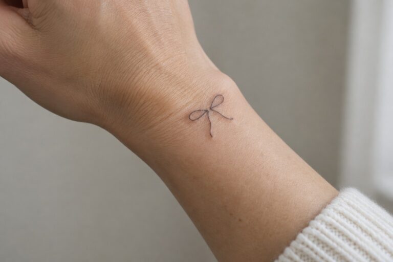 21 Minimalist Bow Tattoos Featuring Delicate Single-Line Designs A minimalist single line bow tattoo placed on the inner wrist