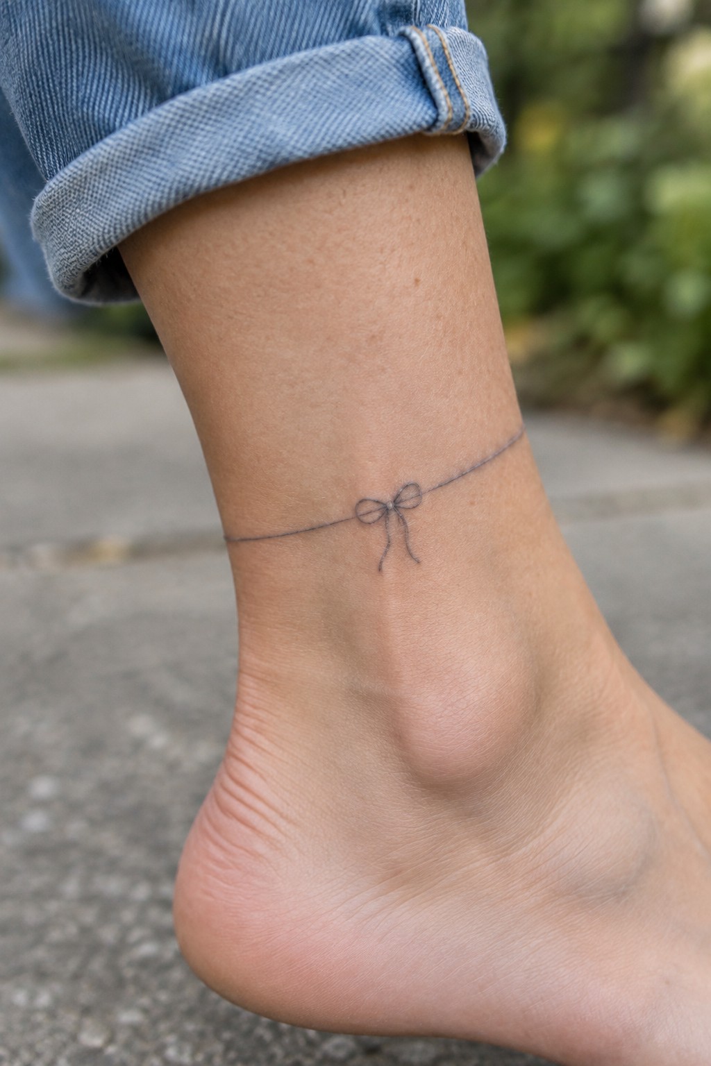 Ankle with small bow tattoo and thin line, blue denim cuff rolled above bare foot