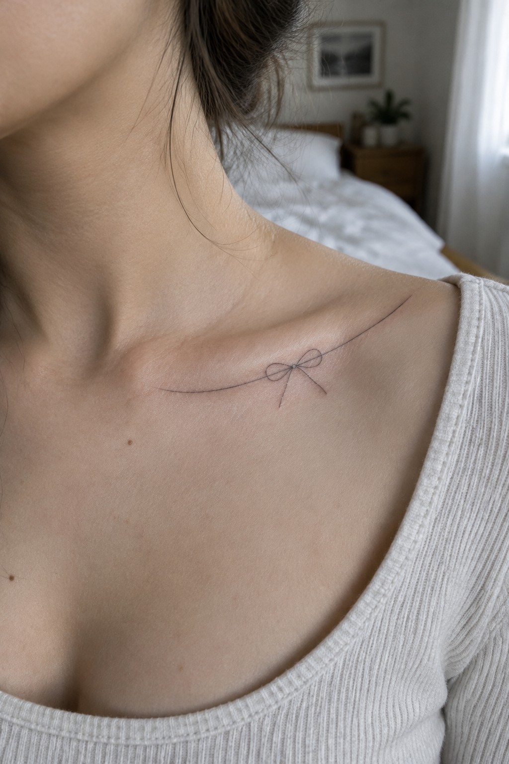 Woman's collarbone with delicate bow tattoo on white ribbed top