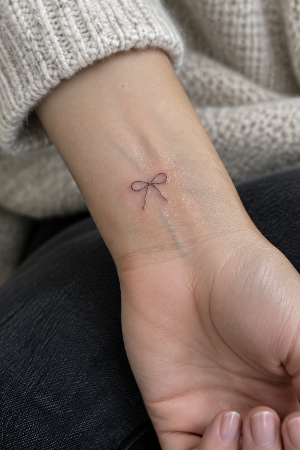 Small black bow tattoo on wrist below cream ribbed sweater sleeve.