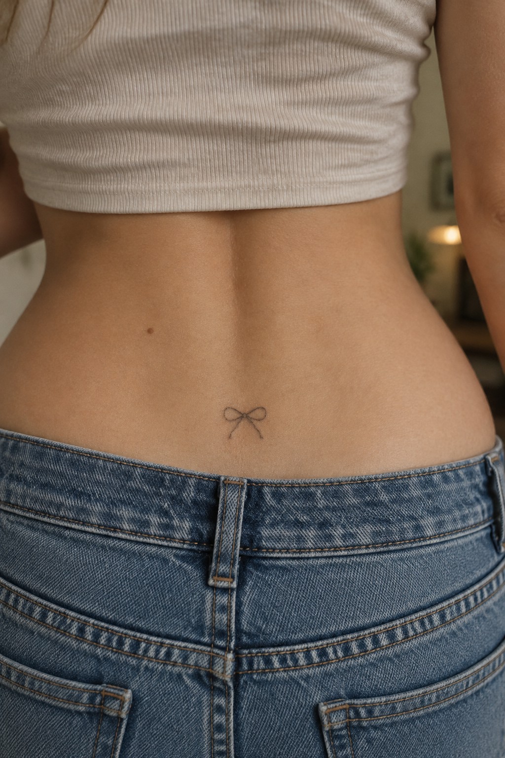Lower back with small bow tattoo above blue jeans, beige ribbed crop top.