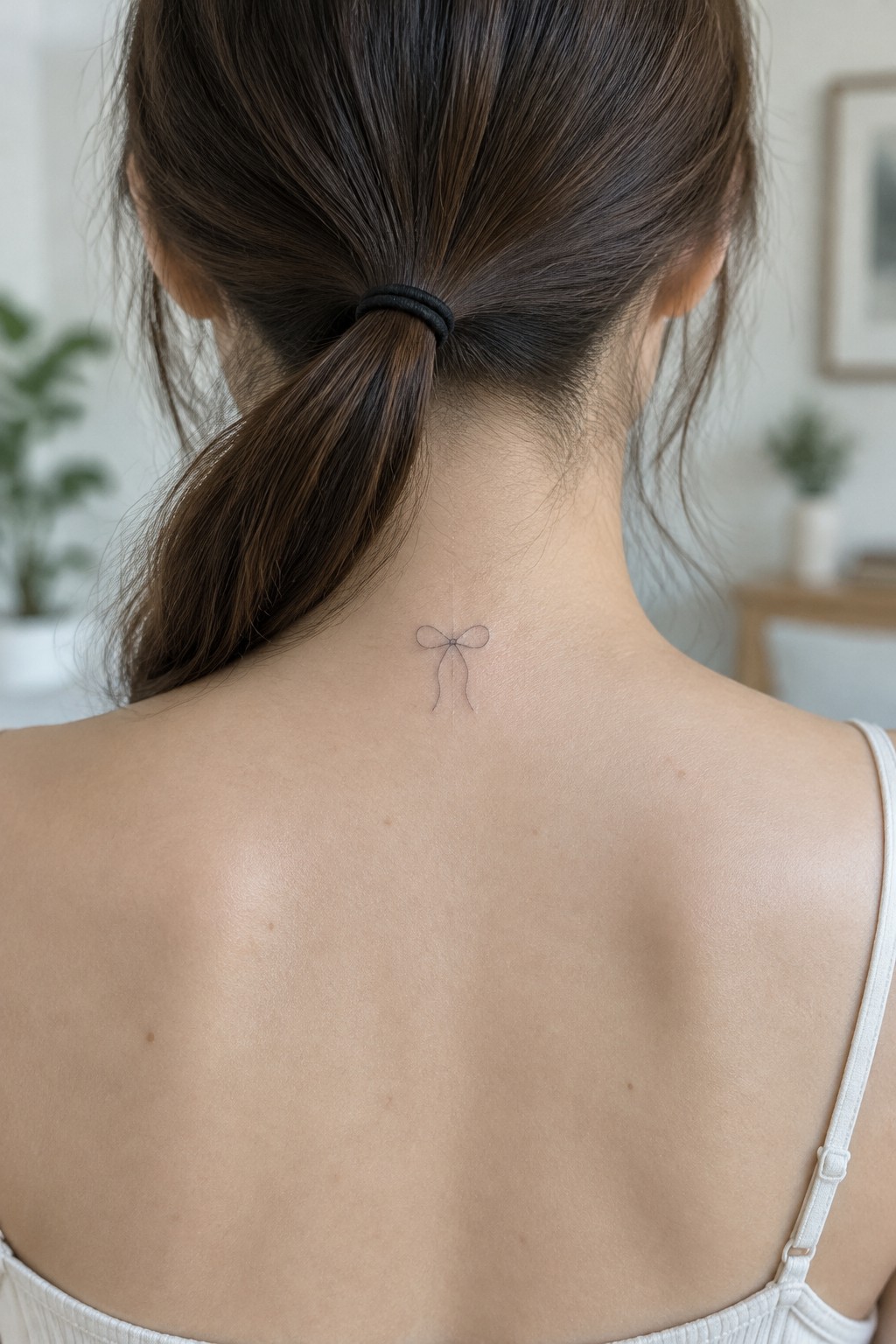 Minimalist single line bow tattoo at the nape of the neck below a dark ponytail.