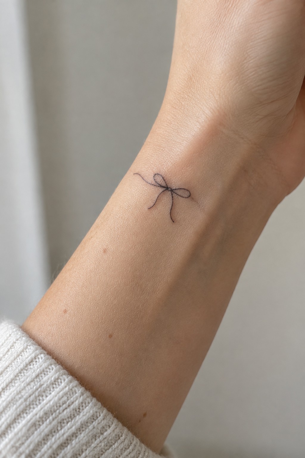 A minimalist single line bow tattoo placed on the inner wrist