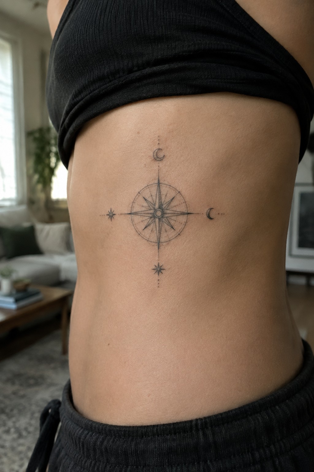 Black crop top lifted over compass rose tattoo with moons on torso