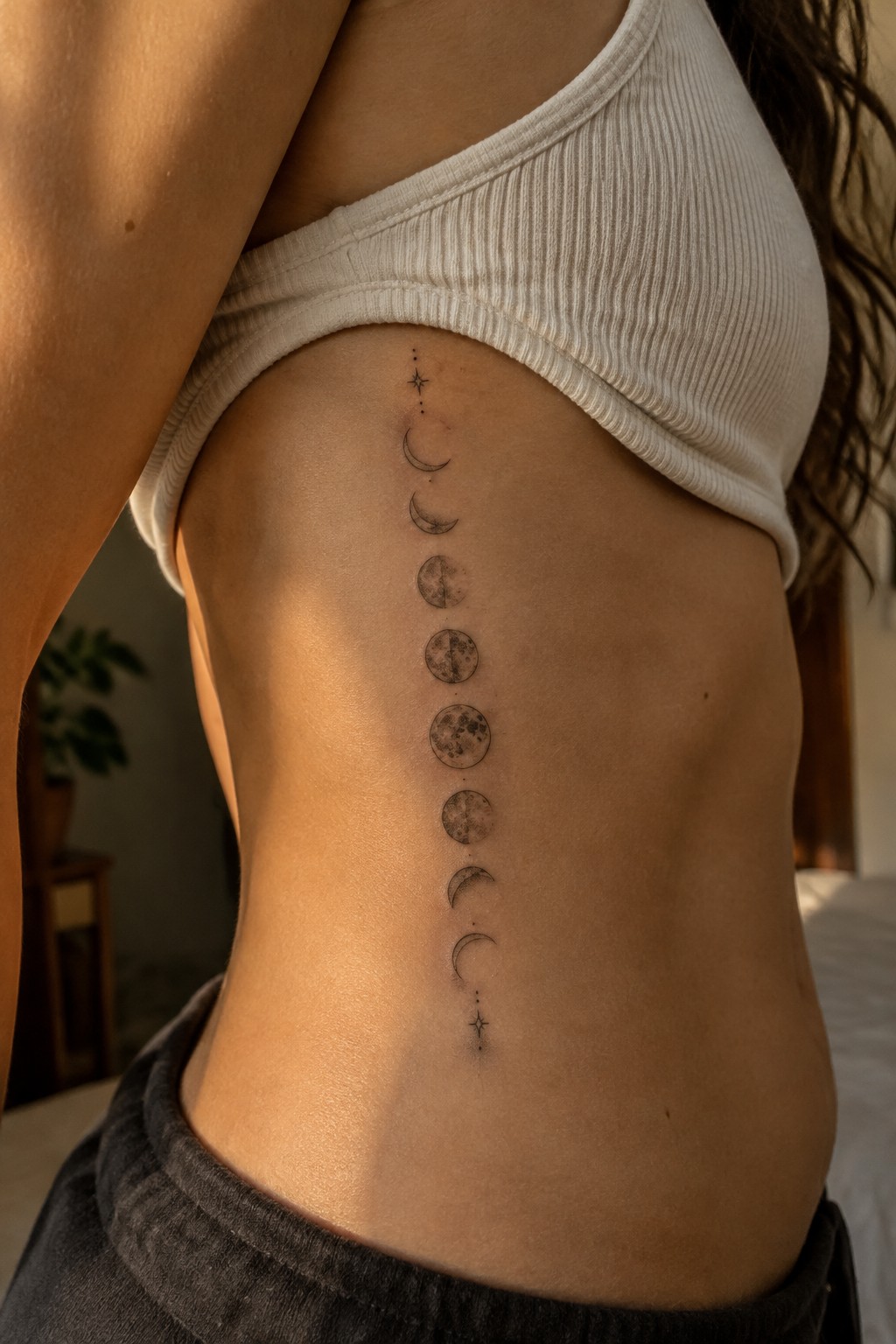 Moon phases tattoo on side torso under white ribbed crop top