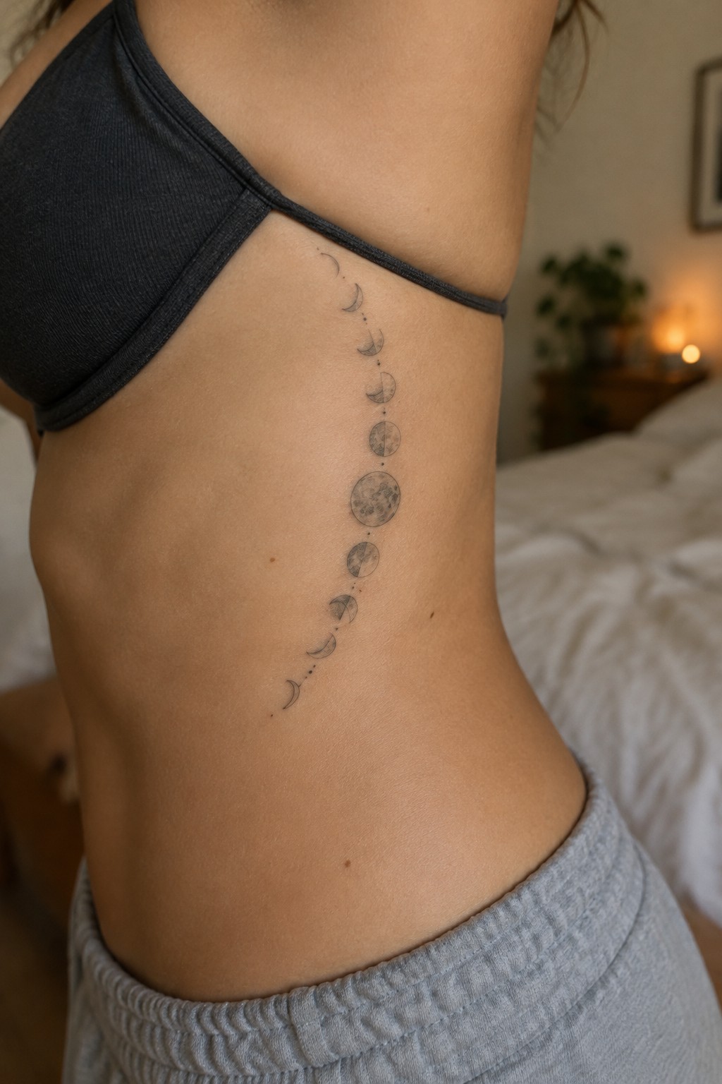 Moon phases tattoo on woman's side under dark gray sports bra and gray pants