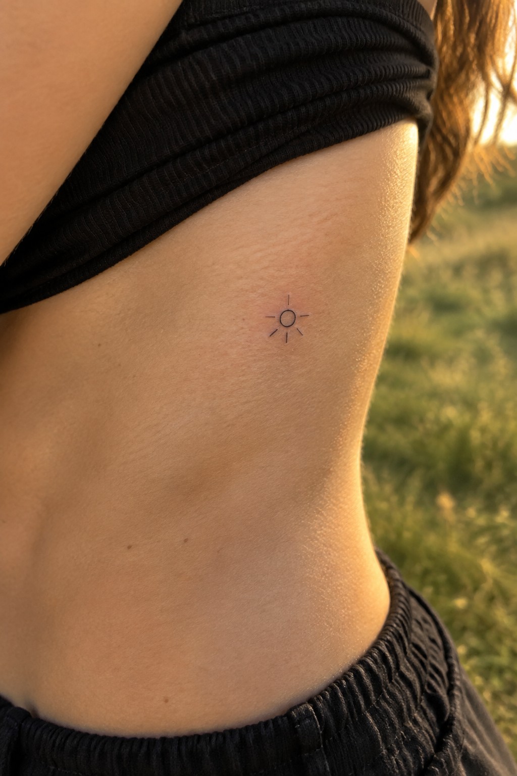 Small sun tattoo on bare side torso beside lifted black top and grass field