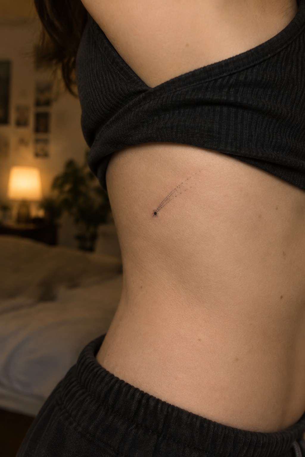 Tiny spider tattoo with dotted trail on side beneath twisted gray crop top