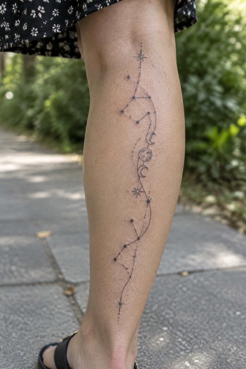 Celestial star and moon constellation tattoo on leg with black floral skirt outdoors