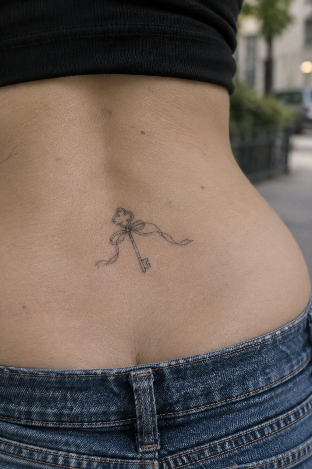 Small single-line tattoo of a key with a ribbon bow and clover top on the lower back above blue jeans