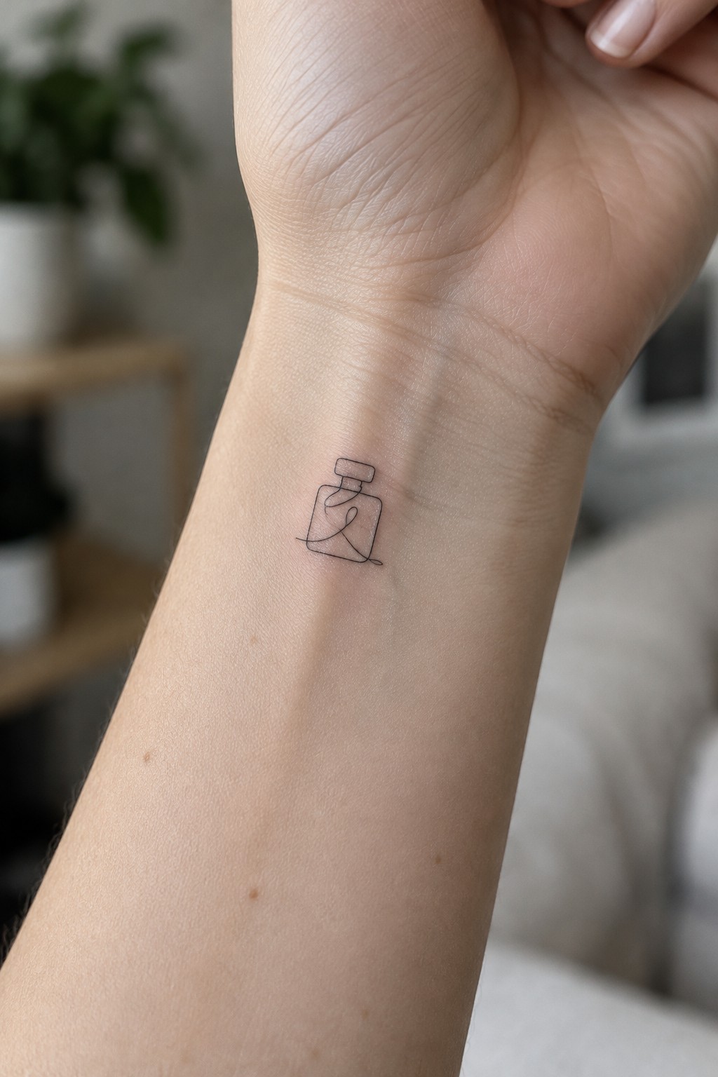 Small continuous line tattoo of a perfume bottle on the inner wrist