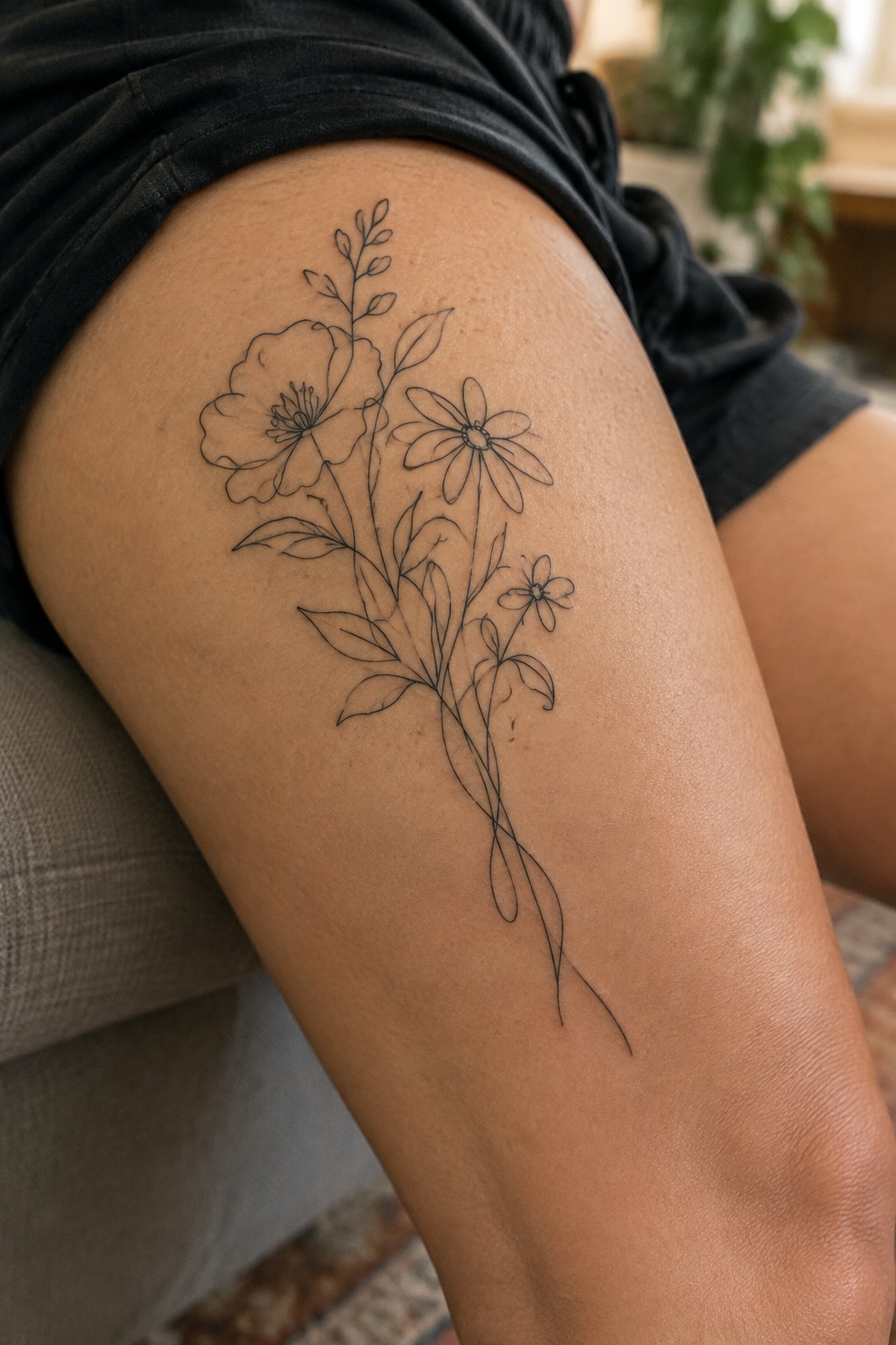 Black line-art floral tattoo of poppies and daisies on thigh