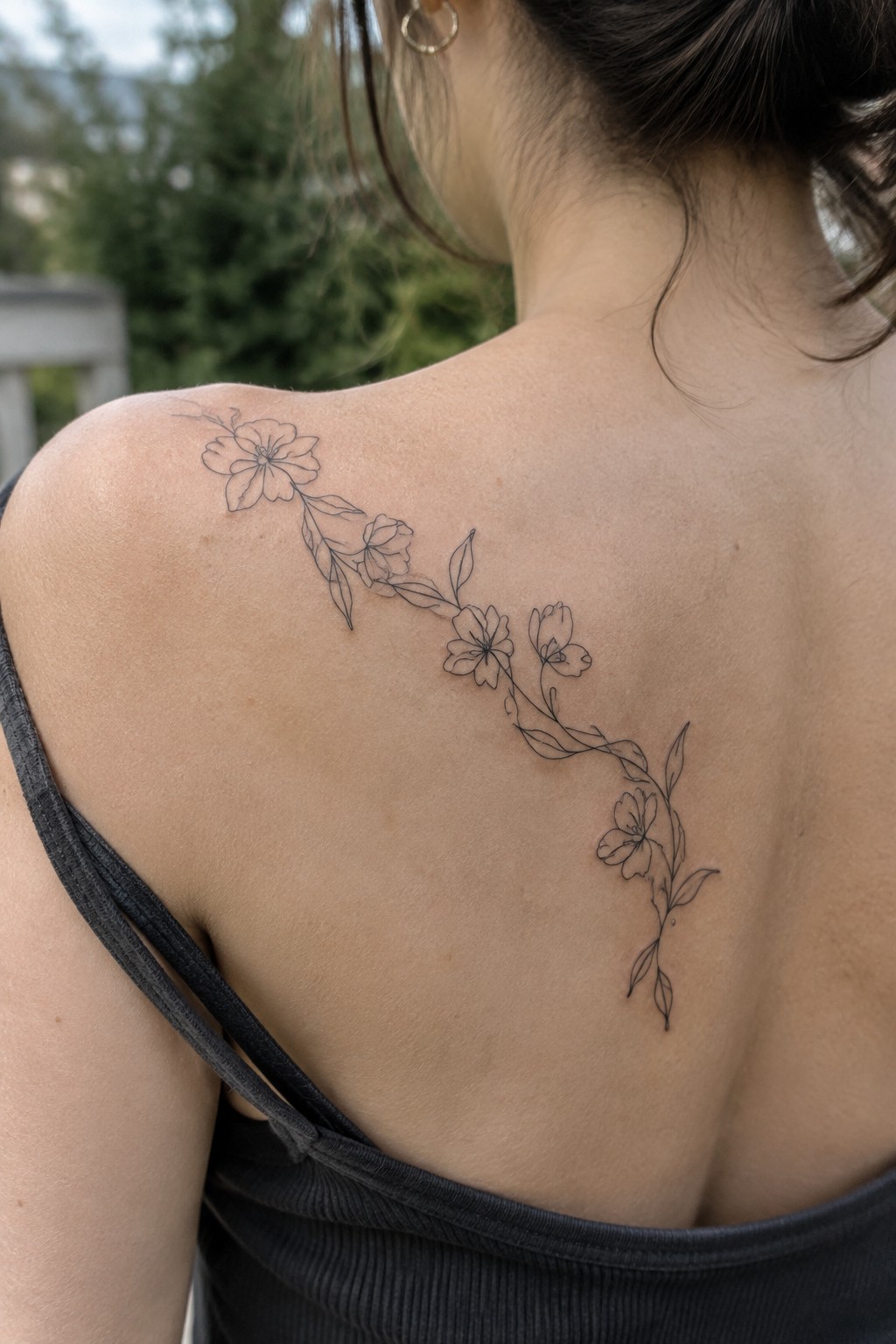 Floral line tattoo curving across woman's shoulder above dark gray tank top