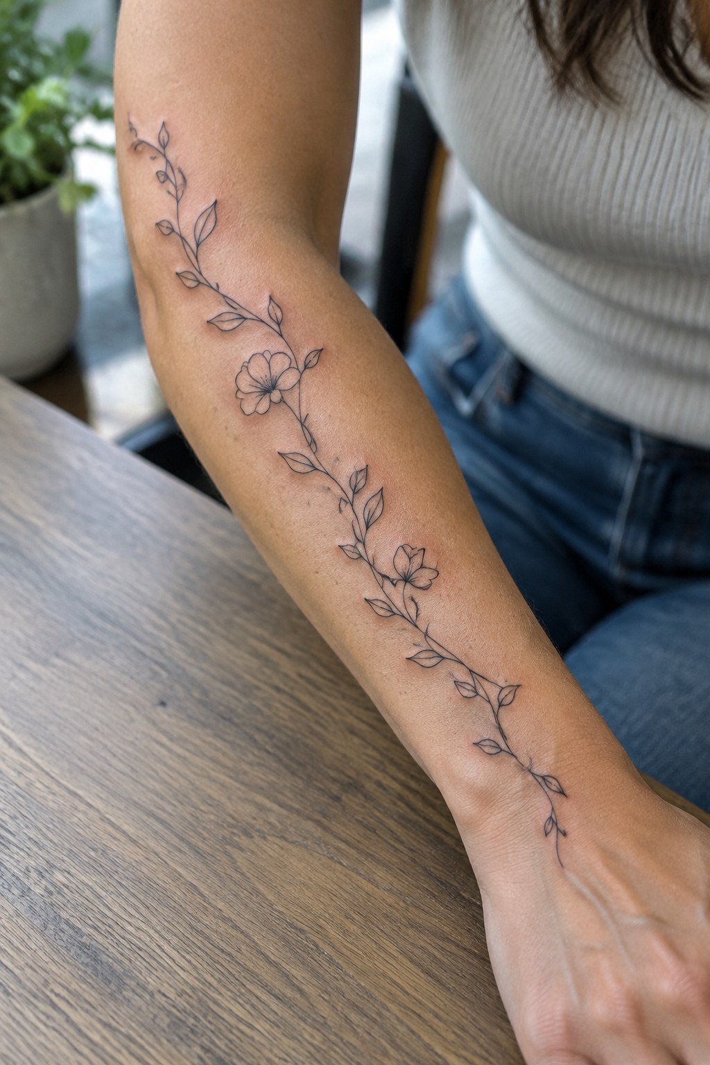 Delicate black floral vine tattoo on arm, white ribbed top and blue jeans