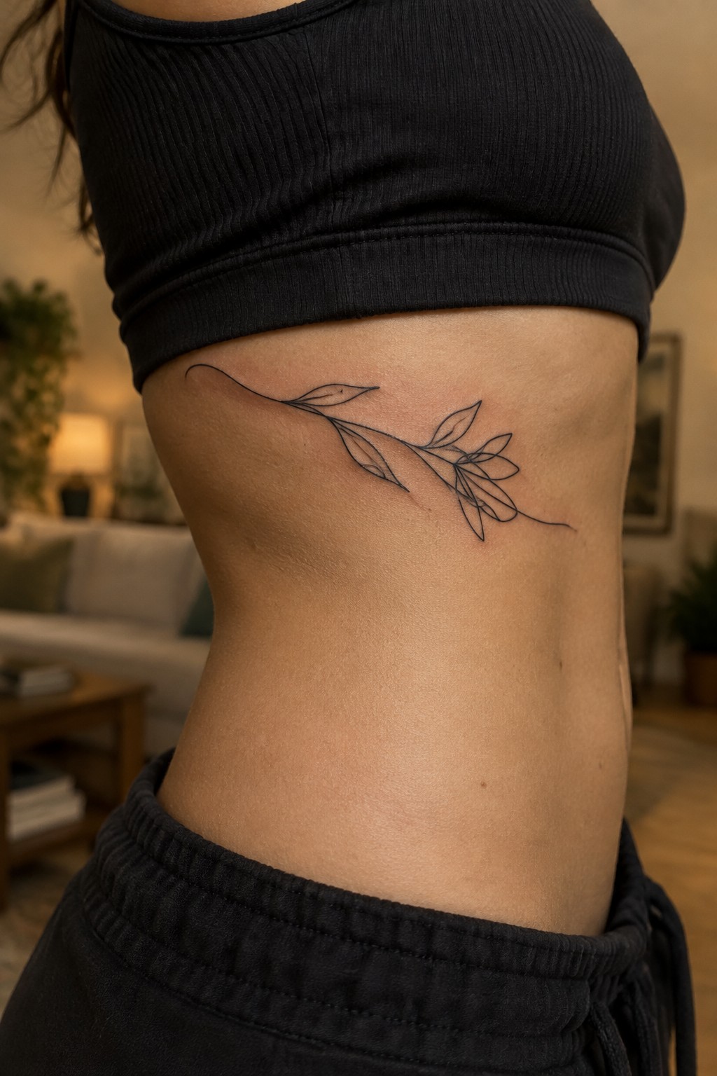 Black line-art leafy branch tattoo on torso under black crop top.