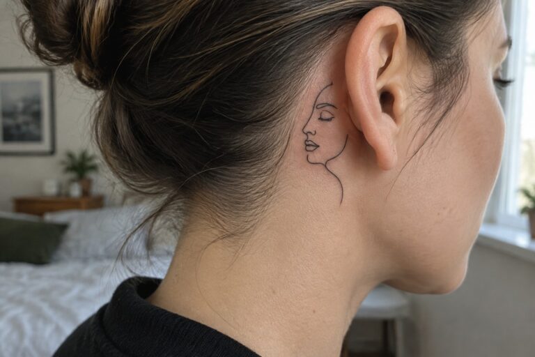 21 Single-Line Tattoos for Women with Continuous-Line Compositions Woman with brown bun hairstyle and minimalist face line tattoo behind ear