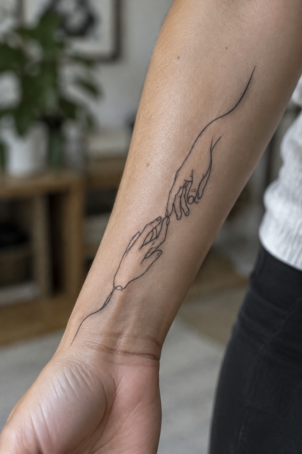 Line tattoo of two hands reaching on a person's forearm in white shirt