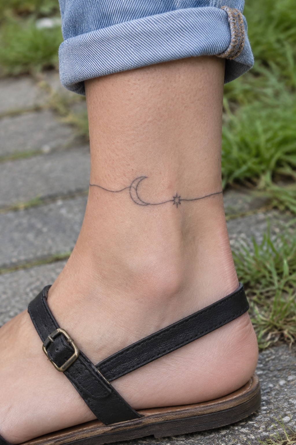 Single-line crescent moon and star tattoo connected by a thin continuous line across the ankle.