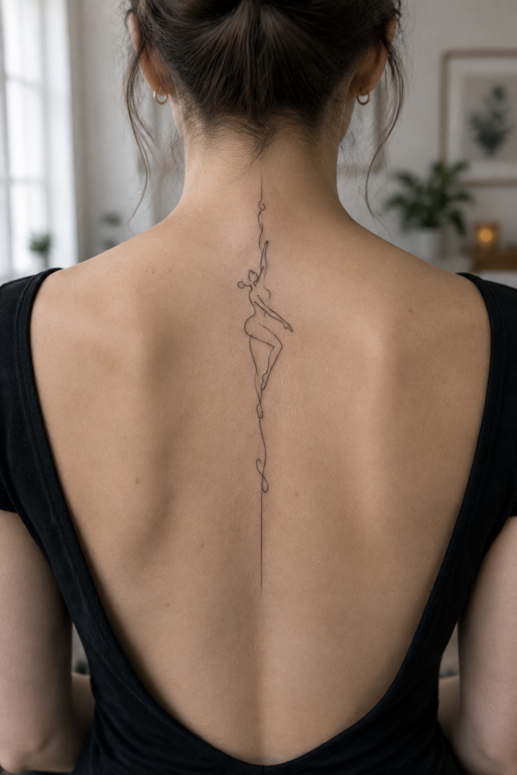Woman's back in black top with minimalist spine line tattoo of dancer
