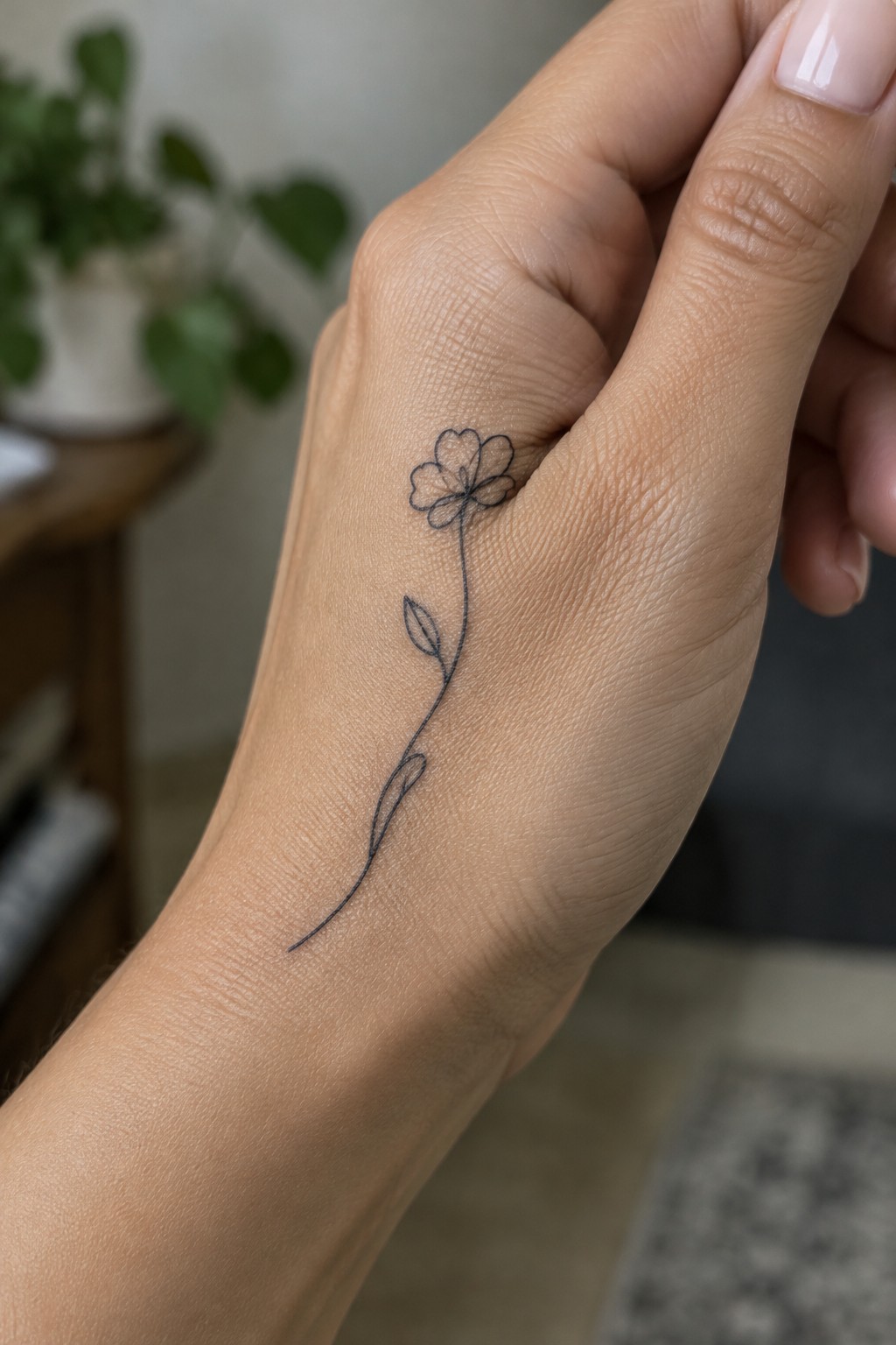 Minimalist black line flower tattoo on hand with light pink manicured nails.