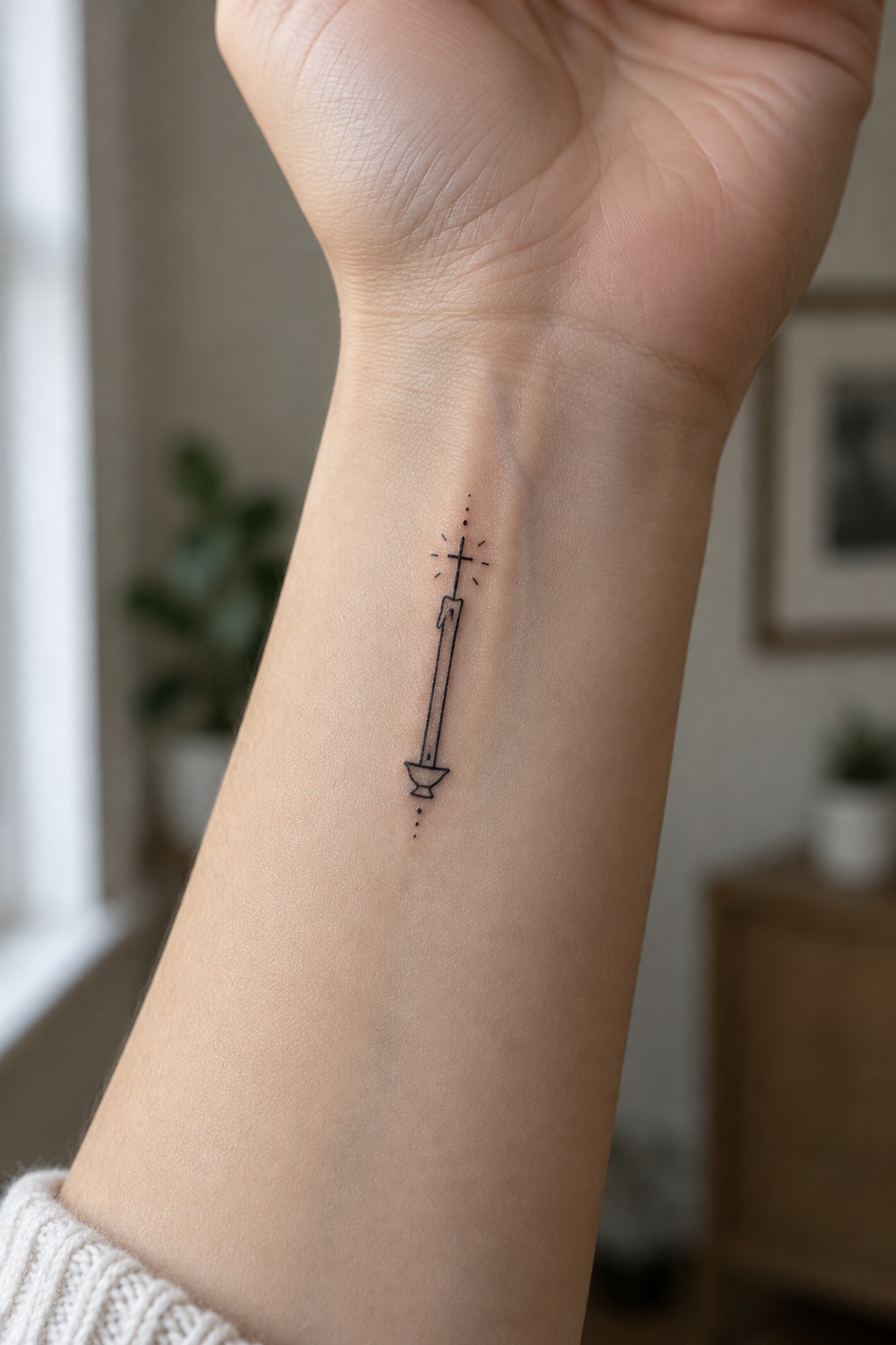 Minimalist black line tattoo of cross and chalice on inner wrist above white sweater