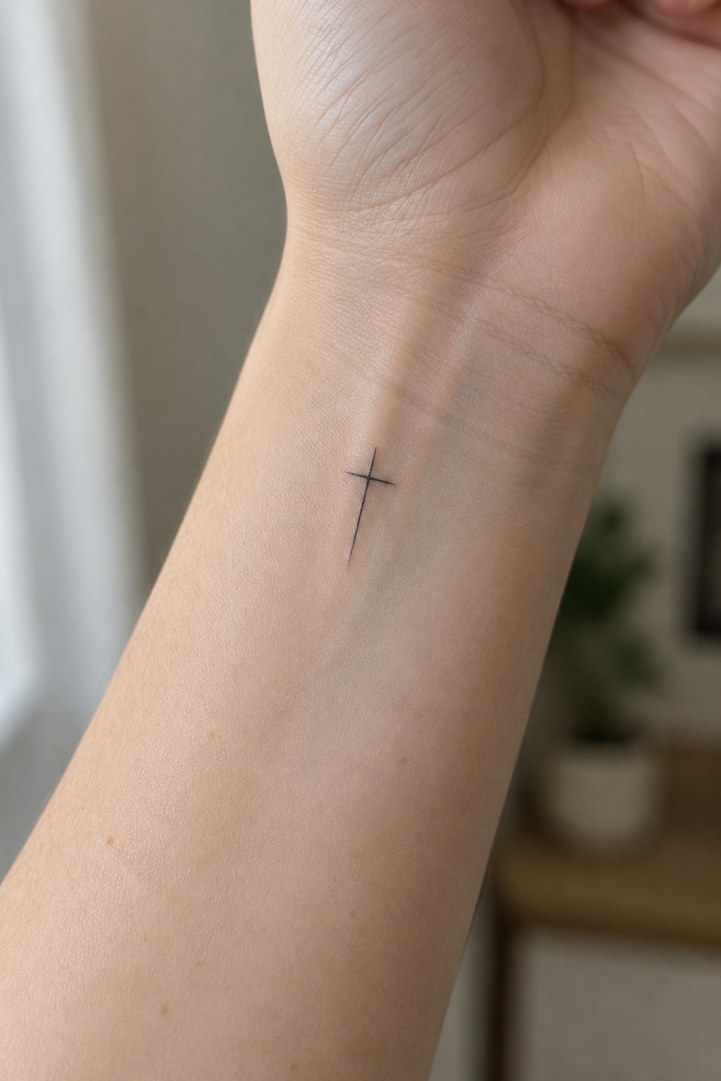 Small black cross tattoo on light-skinned inner wrist in close-up