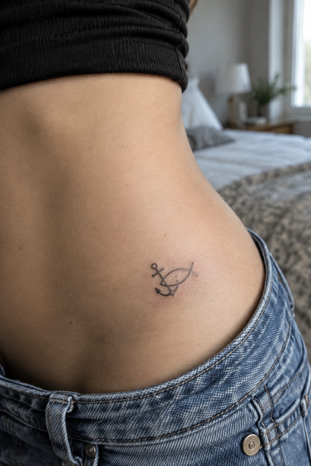 Small black line tattoo of an anchor combined with a fish symbol on the hip above the waistband of blue jeans.