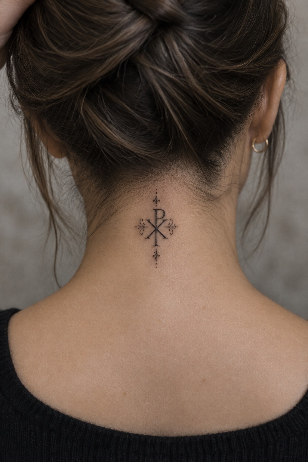 Small chi rho tattoo centered on the back of a woman's neck with fine black lines, cross symbol, and minimal decorative dots.