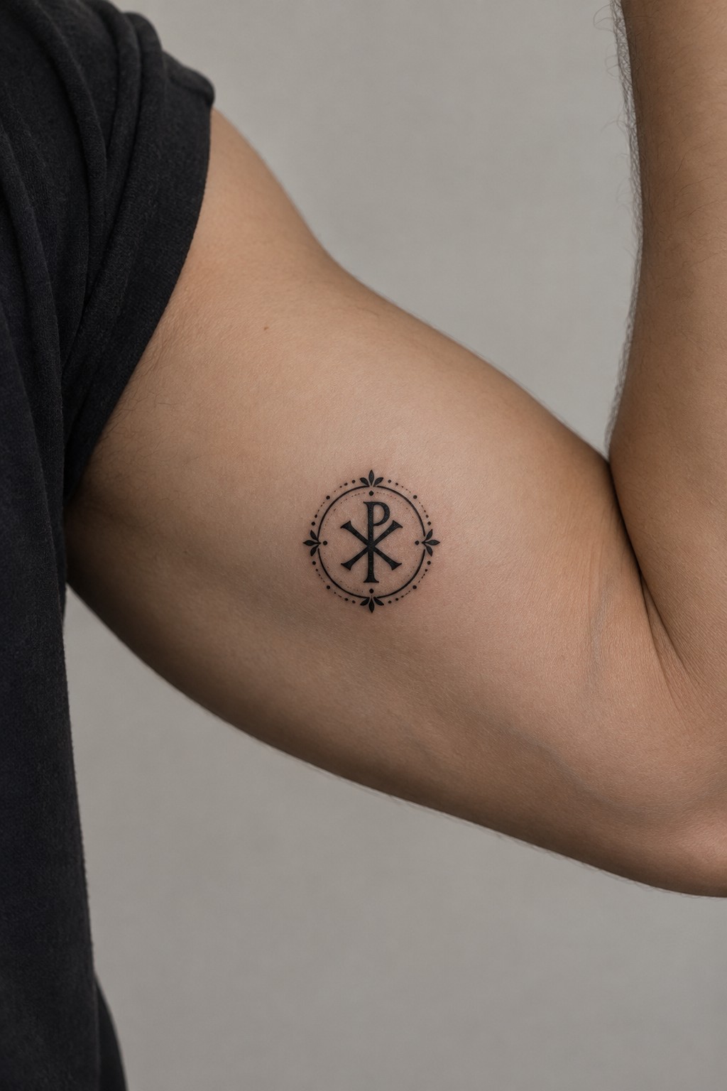 Small black chi rho symbol inside a dotted circular border tattooed on the upper arm.