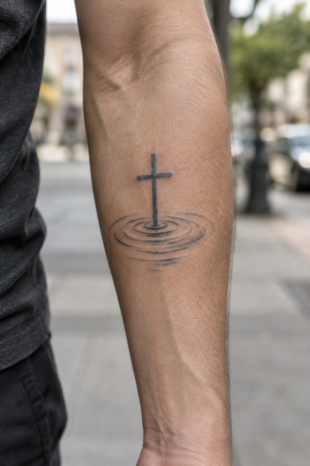Small black ink tattoo of a Christian cross with water ripples at the base on the inner forearm.