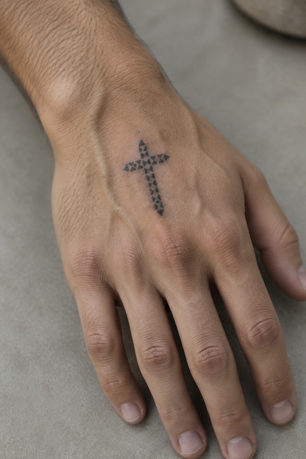 Hand with black cross tattoo of small triangles on back